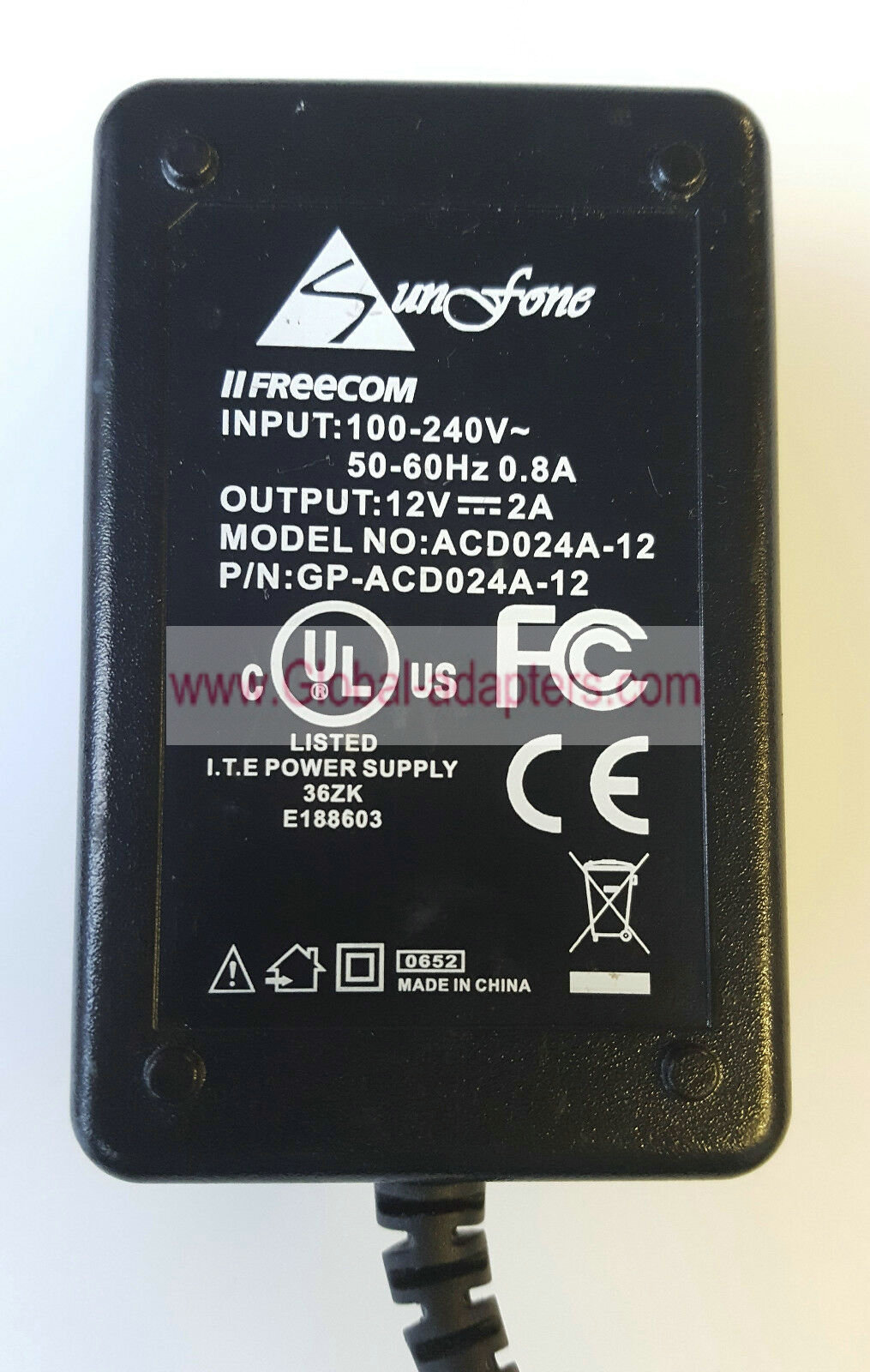 SUNFONE ACD024A-12 GP-ACD024A-12 12V 2.0A AC POWER SUPPLY ADAPTER 5.5 x 2.5mm